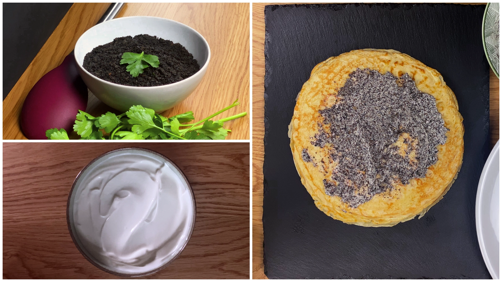 A three-image collage showing mushroom duxelles, creamy Greek yogurt, and a top-down view of a savory pancake topped with a spread of both ingredients.