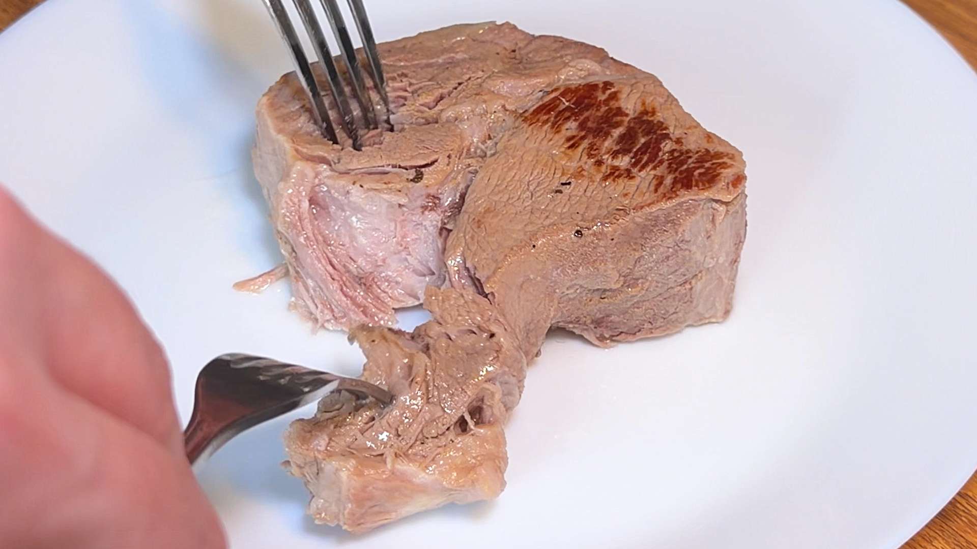 Testing tender, fall-apart pork meat with two forks for carnitas tacos.